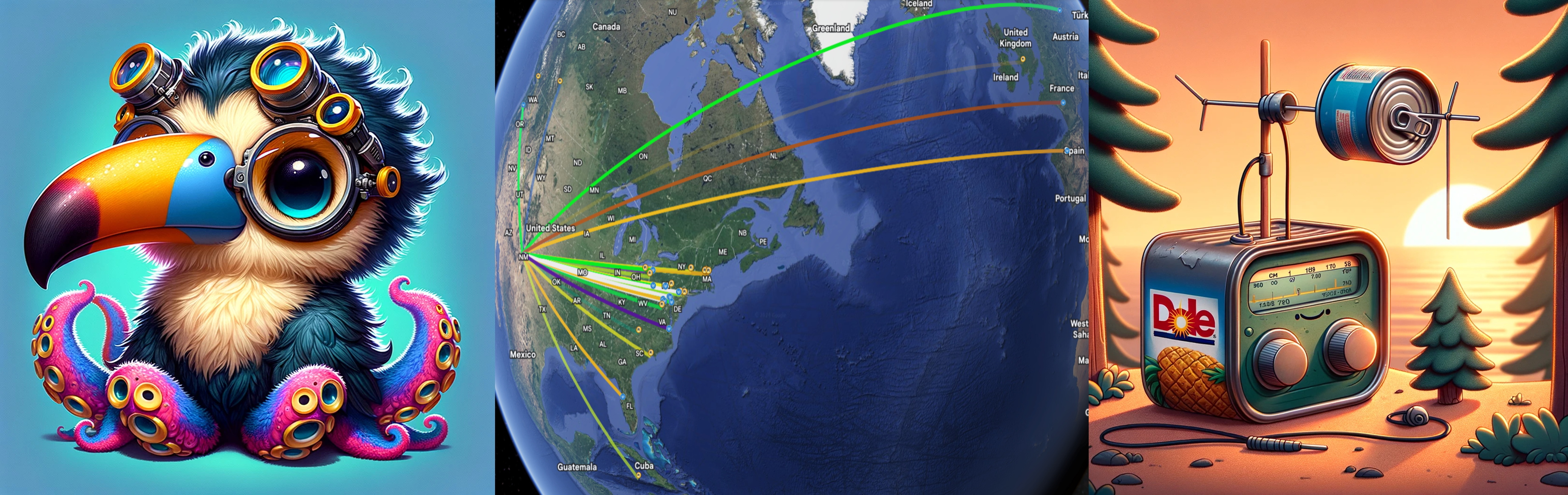 Project Toucans banner showing a friendly toucan, propagation arcs, and a ham radio by the sea.